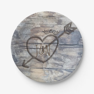 Carved Heart in Wood Love Birds Wedding Reception Paper Plate