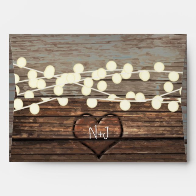 Carved Heart in Wood & String Lights Rustic Envelope (Back (Top Flap))