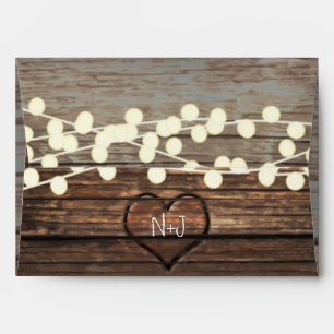 Carved Heart in Wood & String Lights Rustic Envelope