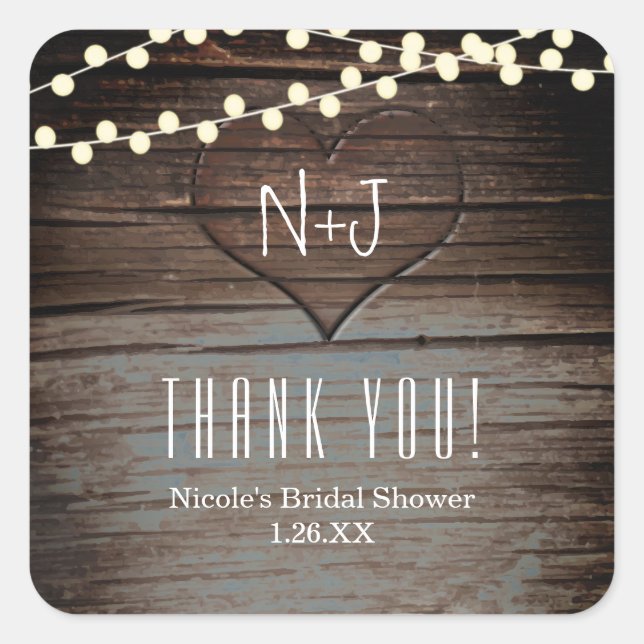 Carved Heart in Wood & String Lights Rustic Favour Square Sticker (Front)