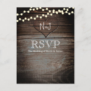 Carved Heart in Wood & String Lights Rustic RSVP Invitation Postcard