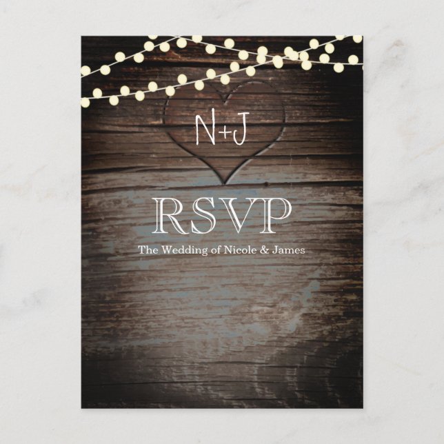 Carved Heart in Wood & String Lights Rustic RSVP Invitation Postcard (Front)