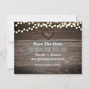 Carved Heart in Wood & String Lights Save the Date