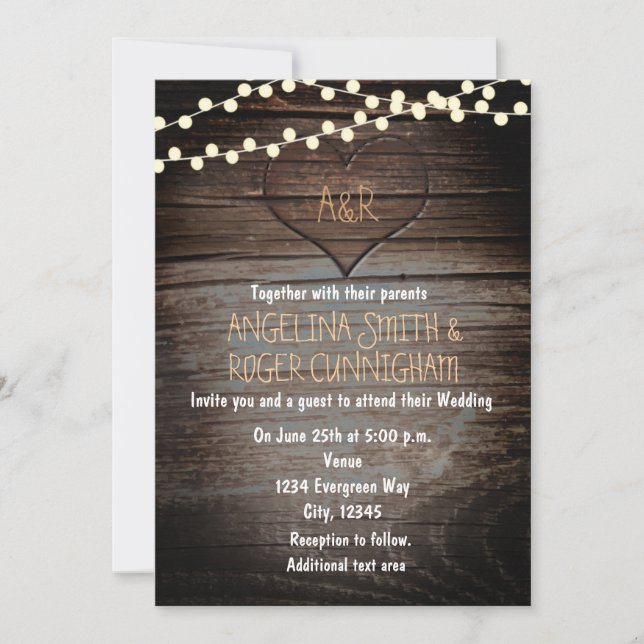 Carved Heart in Wood & String Lights Wedding Invitation (Front)