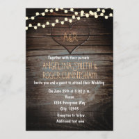 Carved Heart in Wood & String Lights Wedding