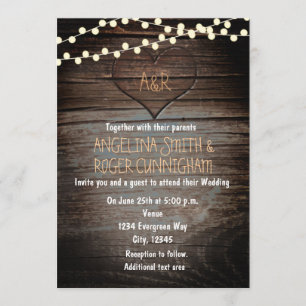 Carved Heart in Wood & String Lights Wedding Invitation