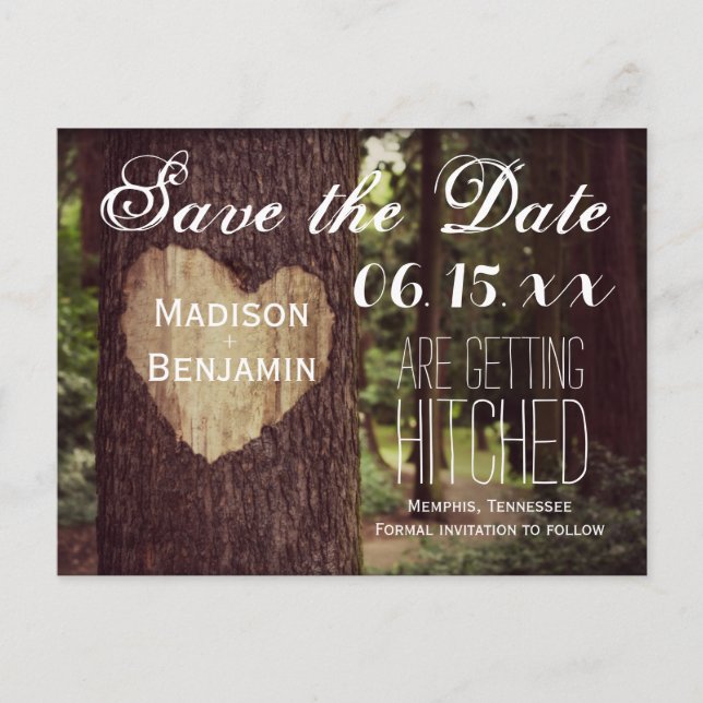 Carved Heart Rustic Tree Save the Date Postcards (Front)