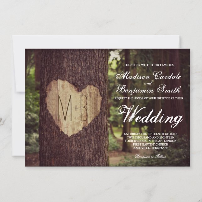Carved Heart Rustic Tree Wedding Invitations (Front)