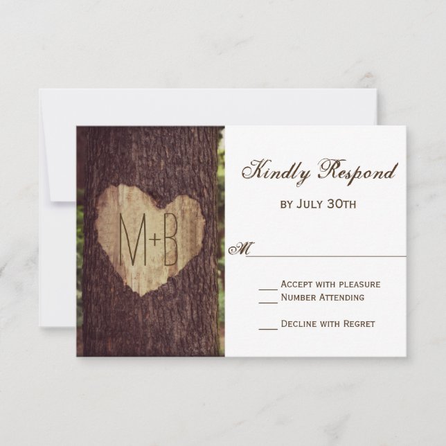 Carved Heart Rustic Tree Wedding RSVP Cards (Front)