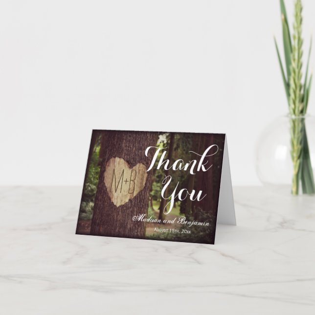 Carved Heart Rustic Tree Wedding Thank You Cards (Front)