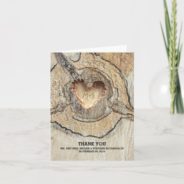 Carved Heart Rustic Tree Wood Wedding Thank You (Front)