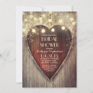 carved heart string lights wooden bridal shower invitation