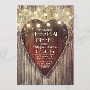 carved heart string lights wooden rehearsal dinner invitation
