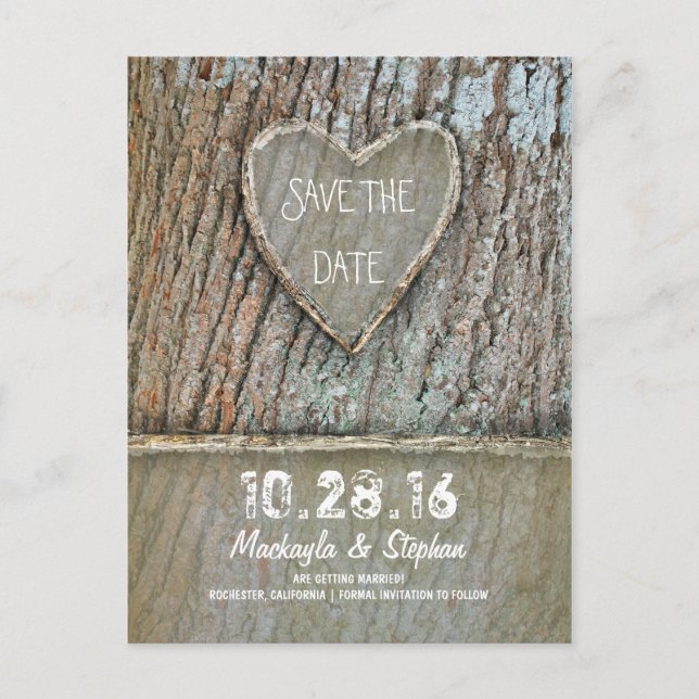 Carved heart tree rustic save the date postcards (Front)