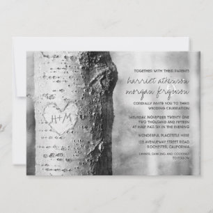 carved heart tree rustic wedding invitations