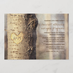 carved heart tree rustic wedding invitations