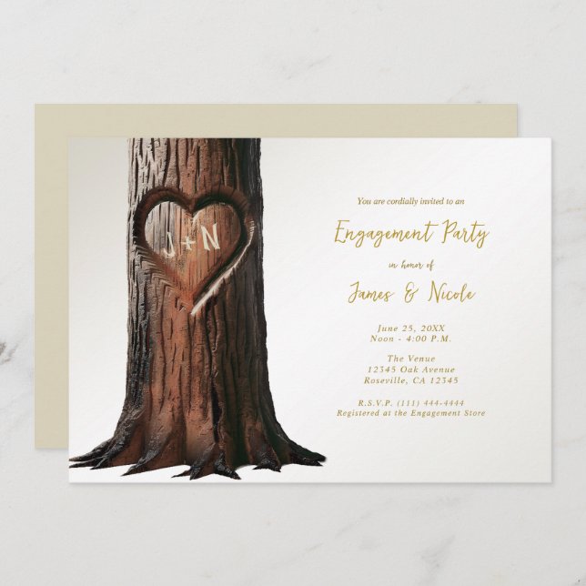 Carved Heart Tree Stump Rustic Minimal Engagement Invitation (Front/Back)