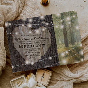 Carved Heart Tree Wedding Rustic String Lights Invitation