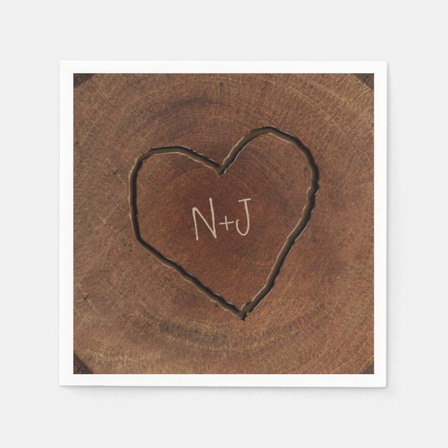 Carved Heart Wood Tree Bark Rustic Wedding Napkin (Front)