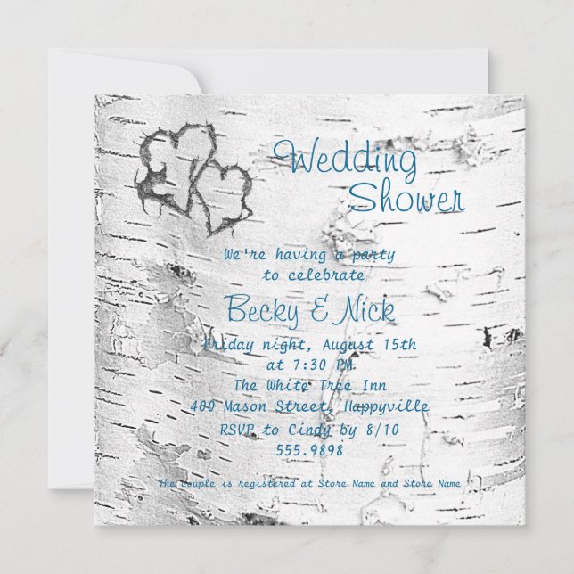 Carved Hearts Birch Bark Wedding Shower Invitation (Front)