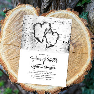 Carved Hearts White Birch Bark Wedding Invitation