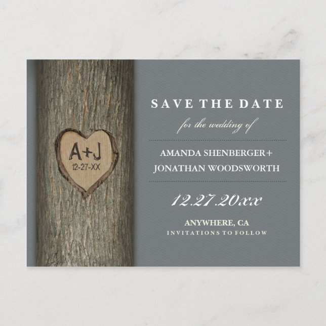 Carved Initials Heart Oak Tree Save The Date Cards (Front)