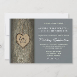 Carved Initials Heart Oak Tree Wedding Invitations