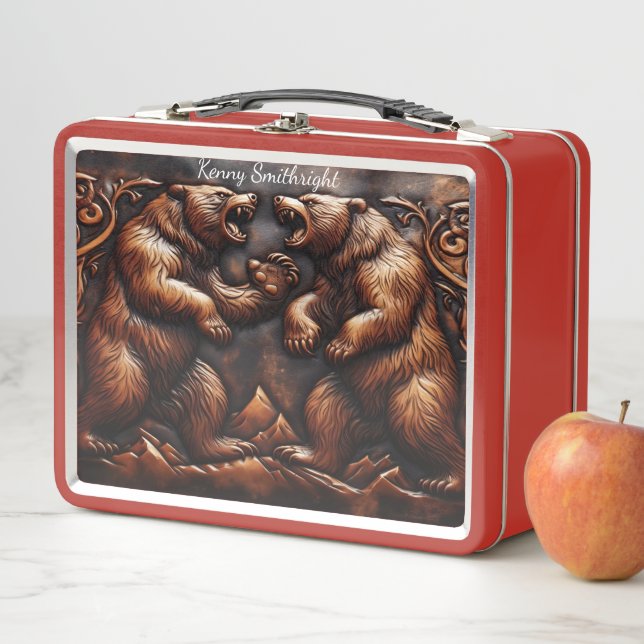 Carved Leather Grizzly in Fierce Motion Metal Lunch Box (In Situ)