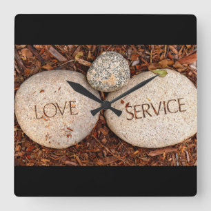 Carved "Love" "Service" Stones Square Wall Clock