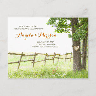 carved love tree romantic rustic save the date announcement postcard