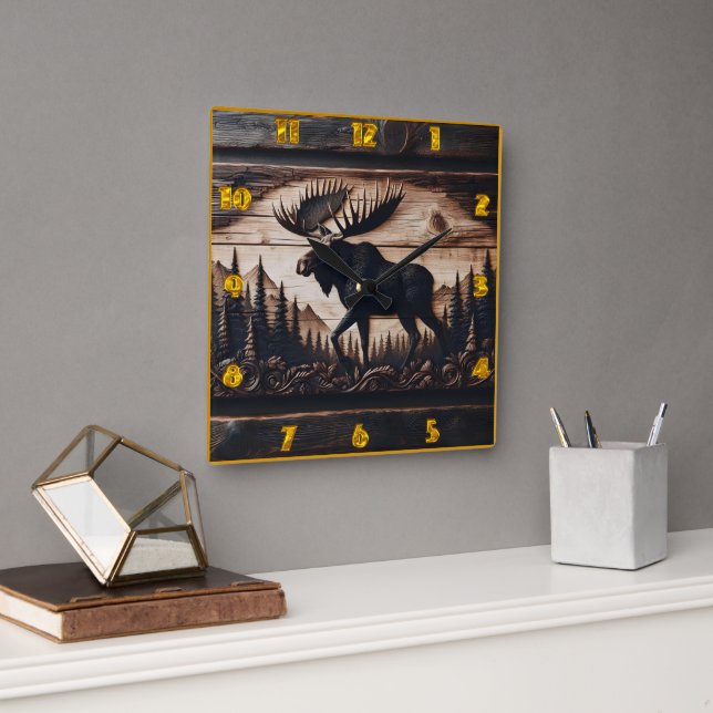 Carved Moose Design in Forest Setting Square Wall Clock (Office)