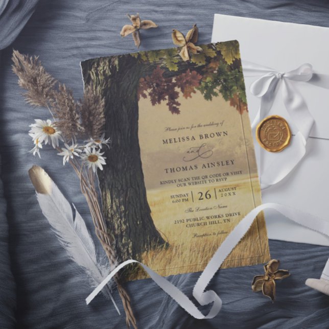 Carved Oak Tree Country Rustic QR Code Wedding Invitation (Creator Uploaded)
