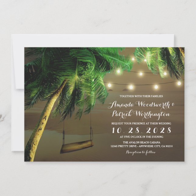 Carved Palm Tree Beach Lights Wedding Invitations (Front)