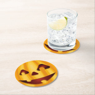 Carved pumpkin smiling Halloween design Round Paper Coaster