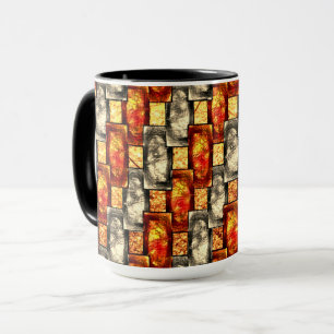 Carved rectangular pieces lined in beige and red mug
