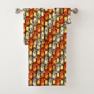 Carved rectangular pieces reddish and beige align bath towel set