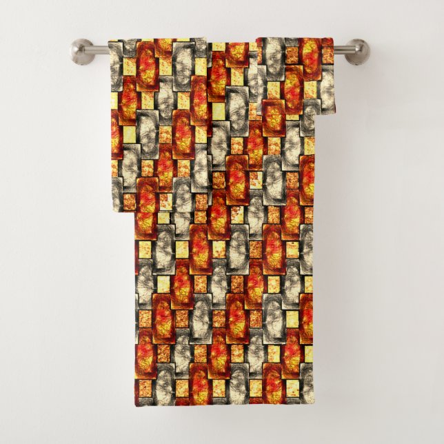 Carved rectangular pieces reddish and beige align bath towel set (Insitu)