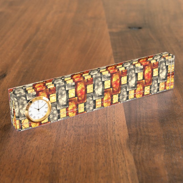 Carved rectangular pieces reddish and beige align nameplate (Side)