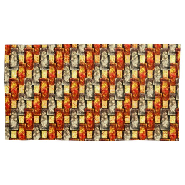 Carved rectangular pieces reddish and beige align pillowcase (Front-Left)