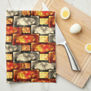 Carved rectangular pieces reddish and beige align tea towel