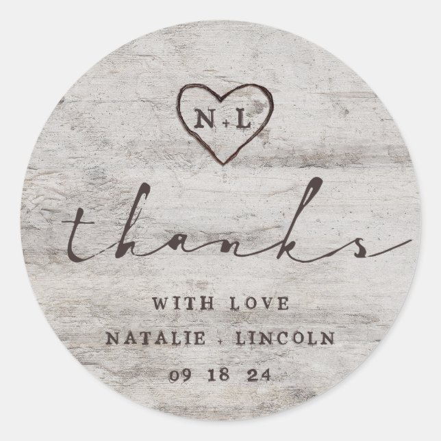 Carved Sweethearts Birch Tree Wedding Thank You Classic Round Sticker (Front)