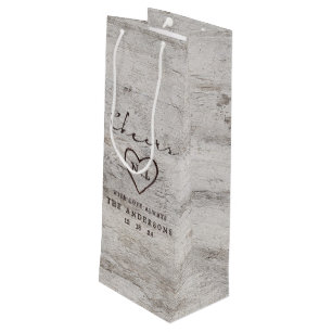 Carved Sweethearts Rustic Birch Cheers Wedding Wine Gift Bag