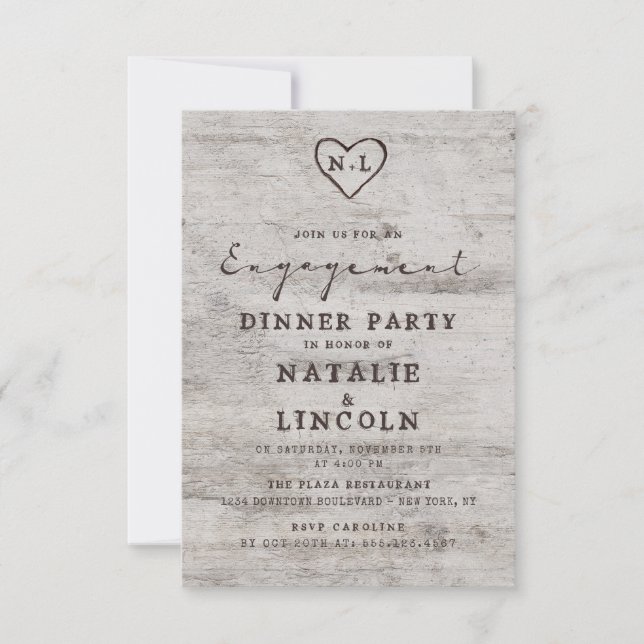 Carved Sweethearts Rustic Birch Engagement Party Invitation (Front)