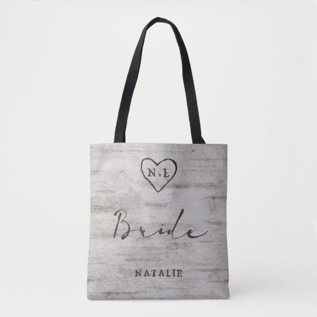 Carved Sweethearts Rustic Birch Monogram Bride Tote Bag (Front)