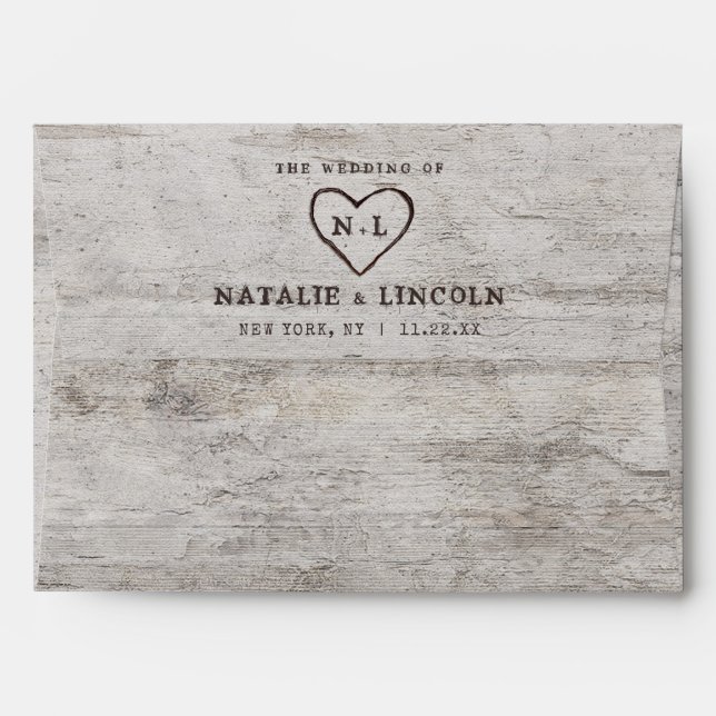 Carved Sweethearts Rustic Birch Monogram Wedding Envelope (Back (Top Flap))