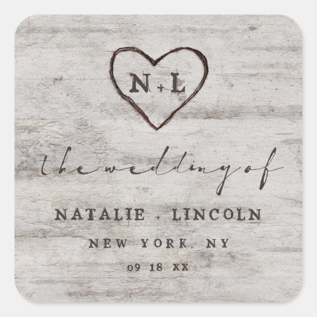 Carved Sweethearts Rustic Birch Monogram Wedding Square Sticker (Front)