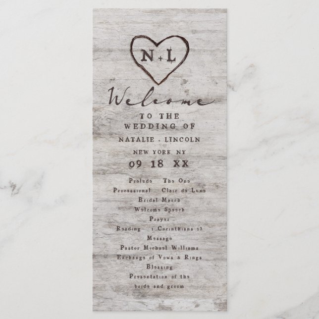 Carved Sweethearts Rustic Birch Wedding Ceremony Programme (Front)