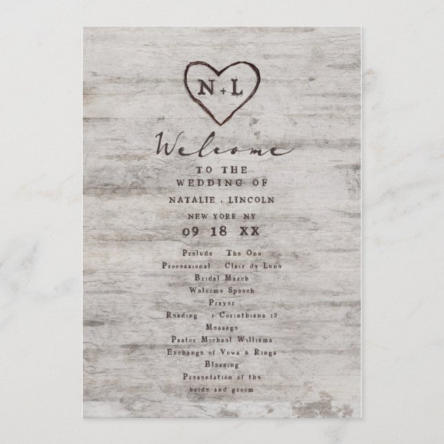 Carved Sweethearts Rustic Birch Wedding Ceremony Programme (Front)