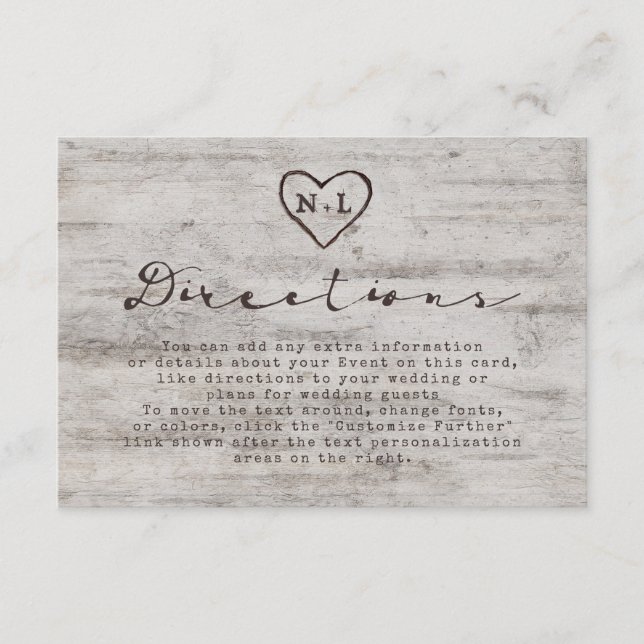 Carved Sweethearts Rustic Birch Wedding Directions Enclosure Card (Front)