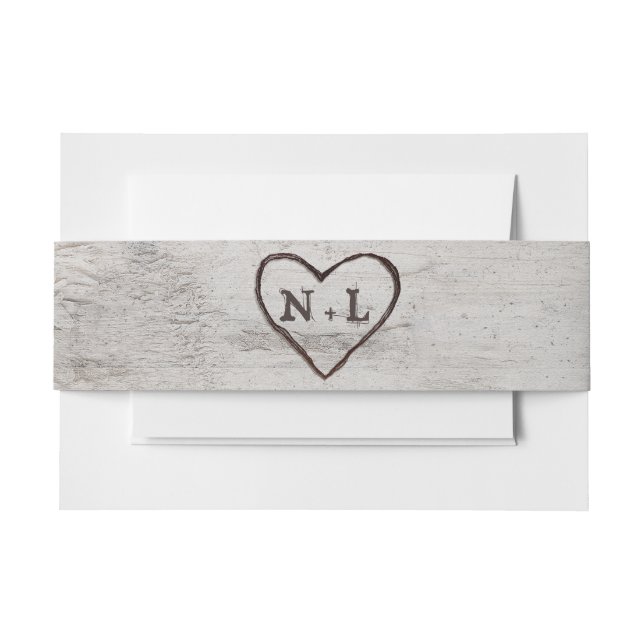 Carved Sweethearts Rustic Birch Wedding Monogram Invitation Belly Band (Front Example)